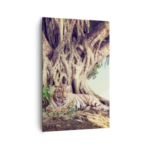 Obraz na płótnie - Tygrys odpoczywający pod rozłożystym drzewem - 80x120cm - Widok z Księgi Rodzaju - Nowoczesna dekoracja ścienna do salonu i sypialni ARTTOR