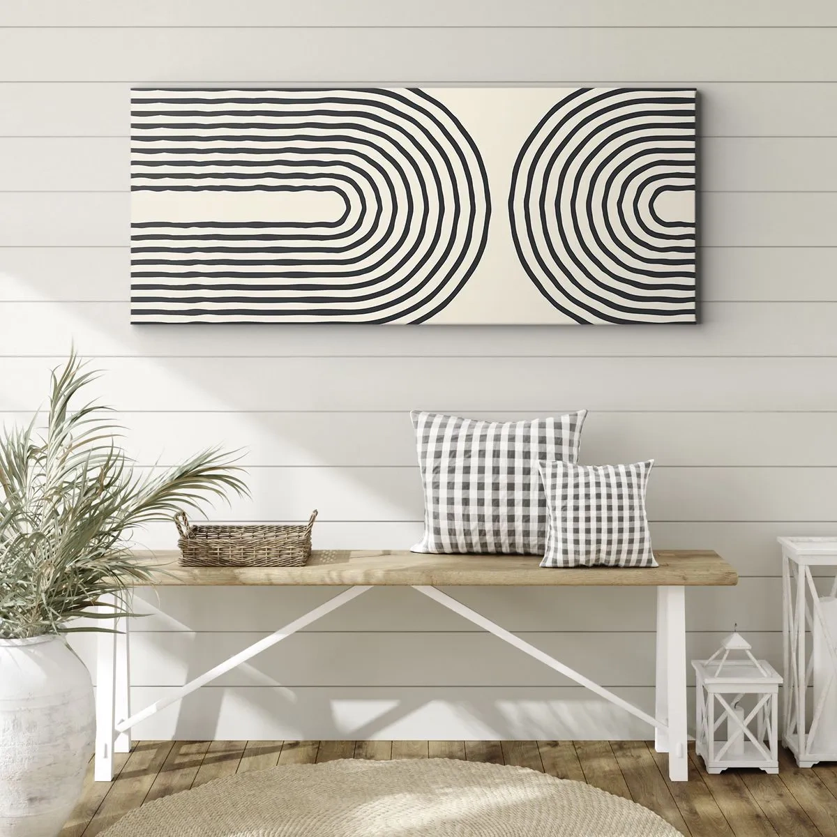 Obraz na płótnie - Abstrakcyjny wzór geometryczny z symetrycznymi liniami na jasnym tle - 120x50cm - Już za chwilę… - Nowoczesna dekoracja ścienna do salonu i sypialni ARTTOR