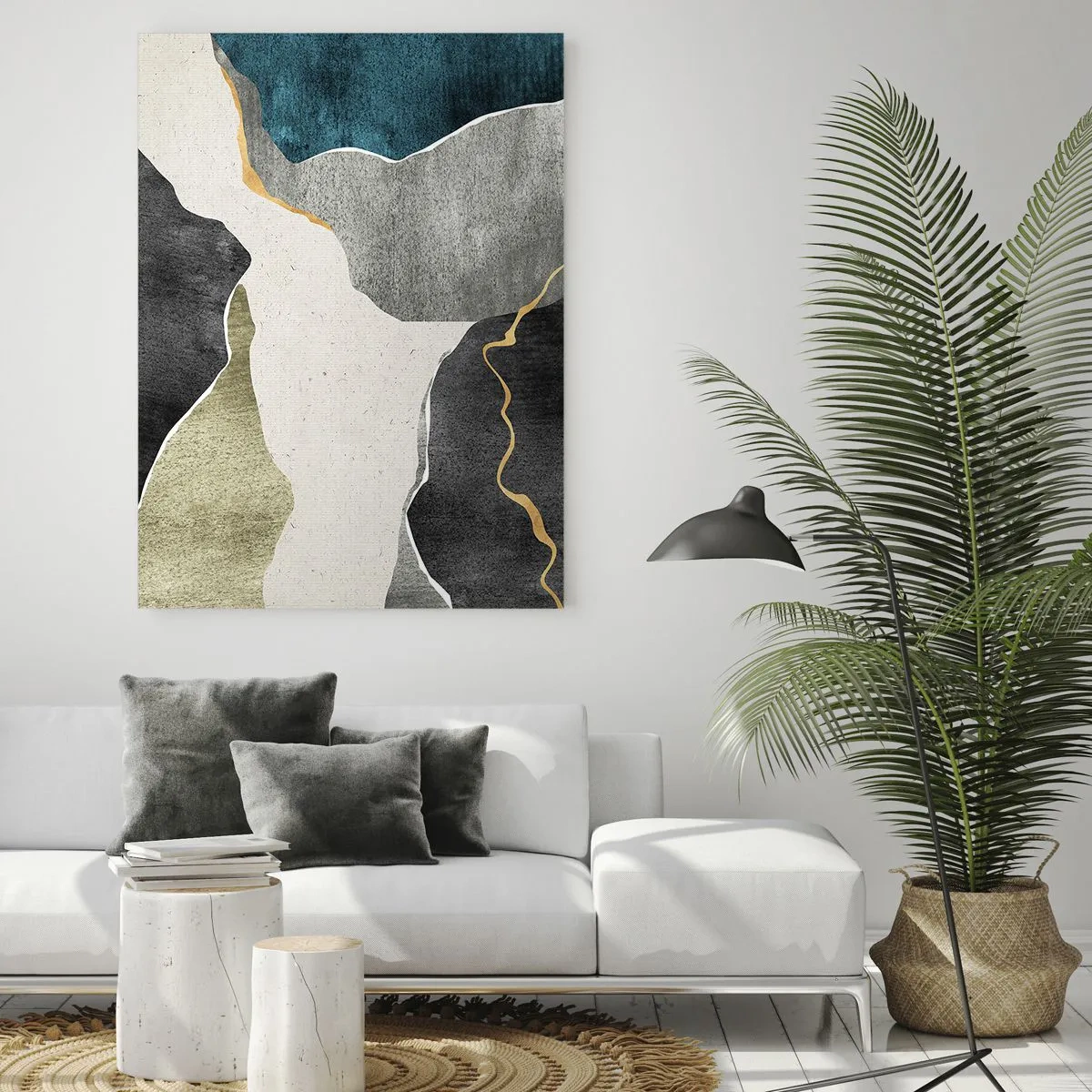 Obraz na szkle - Geometryczne formy w odcieniach szarości, zieleni i złota - 80x120cm - Mozaikowa kompozycja z nitką złota - Nowoczesna dekoracja ścienna do salonu i sypialni ARTTOR