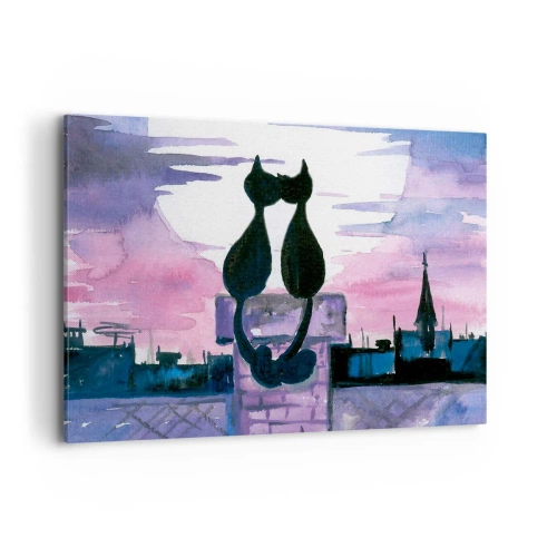 Obraz na płótnie - Czarne koty na dachu w świetle księżyca w akwarelowej scenerii - 120x80cm - Rendez-vous pod księżycem - Nowoczesna dekoracja ścienna do salonu, kuchni i sypialni ARTTOR