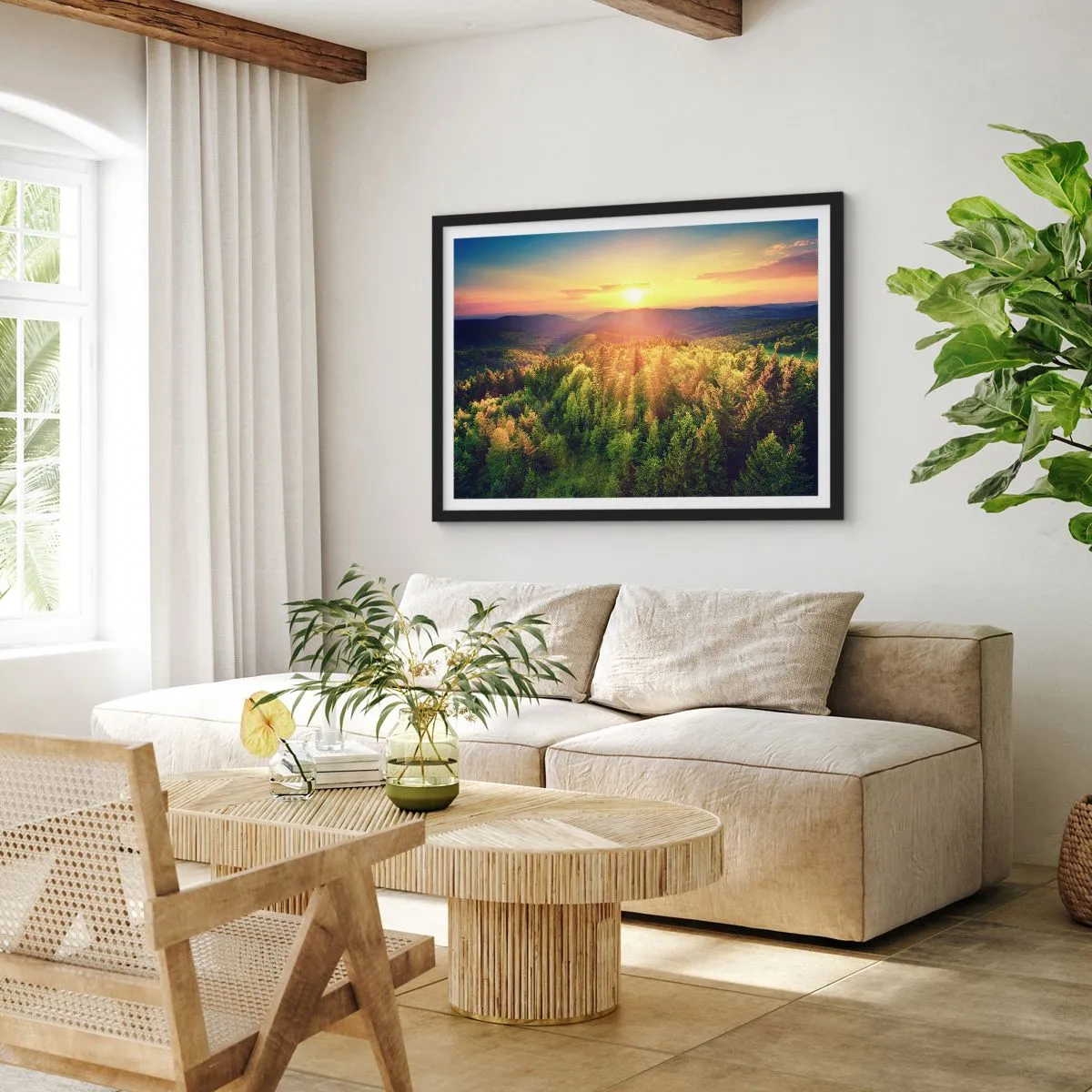Plakat w czarnej ramie - Leśny krajobraz z zachodem słońca nad wzgórzami - 70x50cm - Wierzchołki i szczyty - Nowoczesna dekoracja ścienna do salonu i sypialni ARTTOR