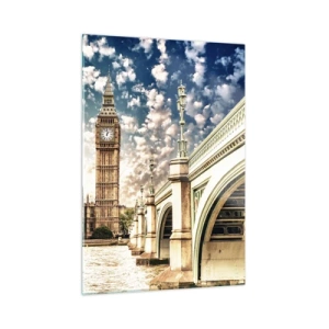 Obraz na szkle - Big Ben i most Westminster w Londynie - 50x70cm - Pierzaste obłoki nad  Tamizą - Nowoczesna dekoracja ścienna do salonu, kuchni i sypialni ARTTOR
