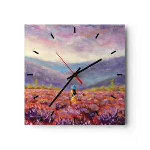 Zegar ścienny - Kobieta w kapeluszu spacerująca po polu lawendy - 30x30cm - W lawendowym świecie - Nowoczesna dekoracja ścienna do salonu i sypialni ARTTOR