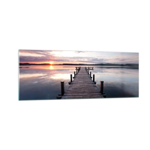 Obraz na szkle - Pomost na jeziorze o zachodzie słońca w spokojnym krajobrazie - 140x50cm - Cicha granica dnia i nocy - Nowoczesna dekoracja ścienna do salonu i sypialni ARTTOR