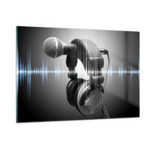 Obraz na szkle - Mikrofon z słuchawkami na tle fal dźwiękowych - 120x80cm - Jeszcze słychać śpiew - Nowoczesna dekoracja ścienna do salonu, kuchni i sypialni ARTTOR
