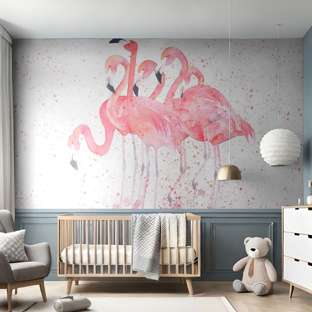 Fototapeta Premium Sand - Akwarelowe flamingi na białym tle w delikatnej, pastelowej kolorystyce - 100x70cm - Różowy ansambl - Nowoczesna dekoracja ścienna do salonu, kuchni i sypialni ARTTOR