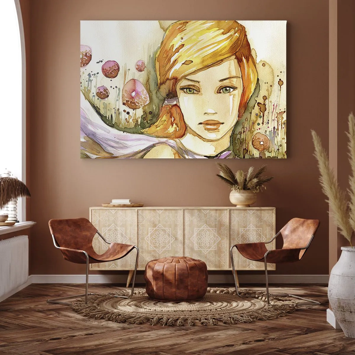 Obraz na płótnie - Portret kobiety w akwarelowych kolorach z intensywnym spojrzeniem - 120x80cm - Szmaragdowe spojrzenie, co ucisza gniew - Nowoczesna dekoracja ścienna do salonu, kuchni i sypialni ARTTOR