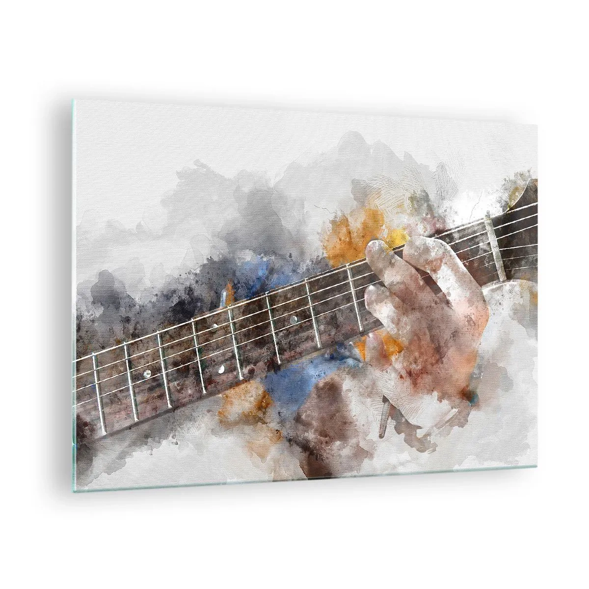 Obraz na szkle - Akwarelowy motyw dłoni grającej na gitarze - 70x50cm - Poezja między strunami - Nowoczesna dekoracja ścienna do salonu i sypialni ARTTOR