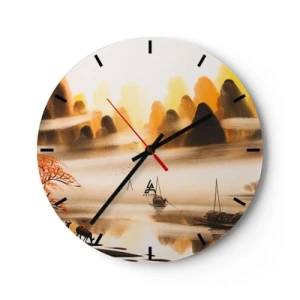 Zegar ścienny - Pejzaż z górami i łodziami we mgle w stylu orientalnym - 30x30cm - Dalej niż na Dalekim Wschodzie - Nowoczesna dekoracja ścienna do salonu, kuchni i sypialni ARTTOR