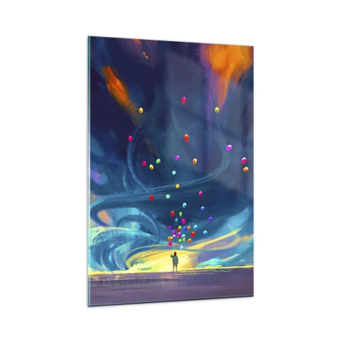 Obraz na szkle - Postać z balonami na tle wirujących, kolorowych chmur - 80x120cm - Na niebieski wiatr - Nowoczesna dekoracja ścienna do salonu i sypialni ARTTOR