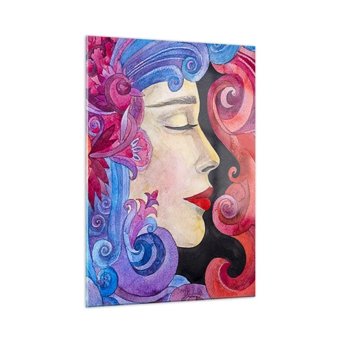 Obraz na szkle - Kolorowy portret kobiety w stylu secesji z bogatymi ornamentami - 50x70cm - Secesja wciąż żywa - Nowoczesna dekoracja ścienna do salonu, kuchni i sypialni ARTTOR
