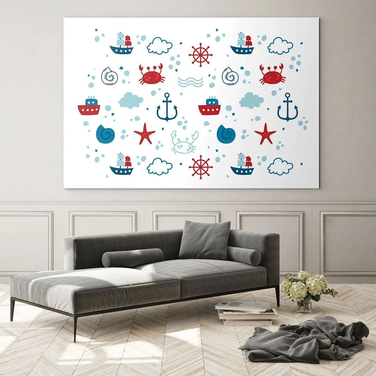 Obraz na szkle - Marynistyczne wzory z krabami, kotwicami i statkami - 100x70cm - Morska bajka - Nowoczesna dekoracja ścienna do salonu, kuchni i sypialni ARTTOR