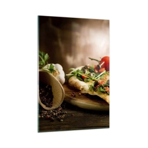 Obraz na szkle - Pizza z warzywami na drewnianej desce w rustykalnym stylu - 80x120cm - Prosto z pieca i z ogrodu - Nowoczesna dekoracja ścienna do salonu i sypialni ARTTOR