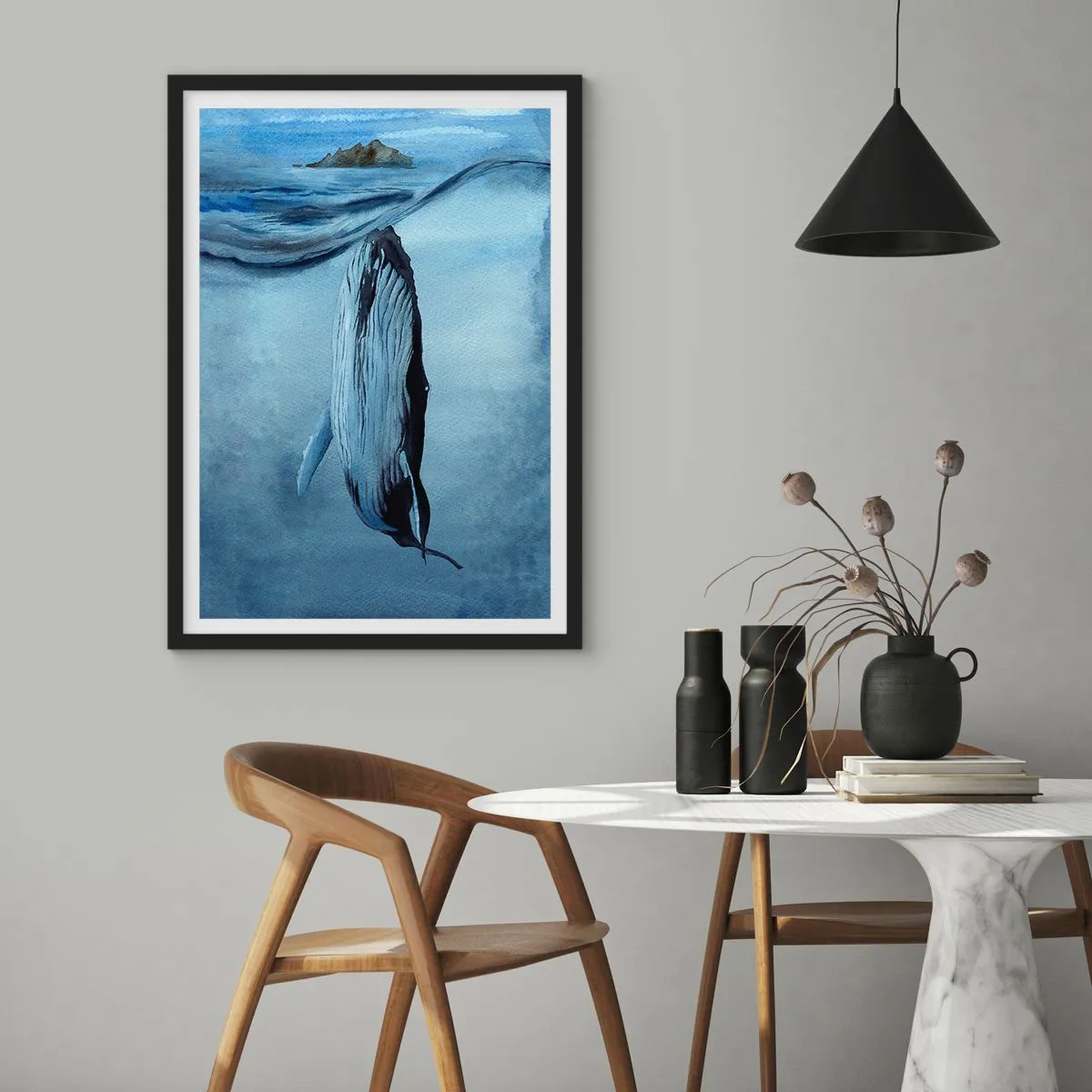 Plakat w czarnej ramie - Wieloryb pod powierzchnią oceanu - 50x70cm - Dwa światy północy - Nowoczesna dekoracja ścienna do salonu i sypialni ARTTOR
