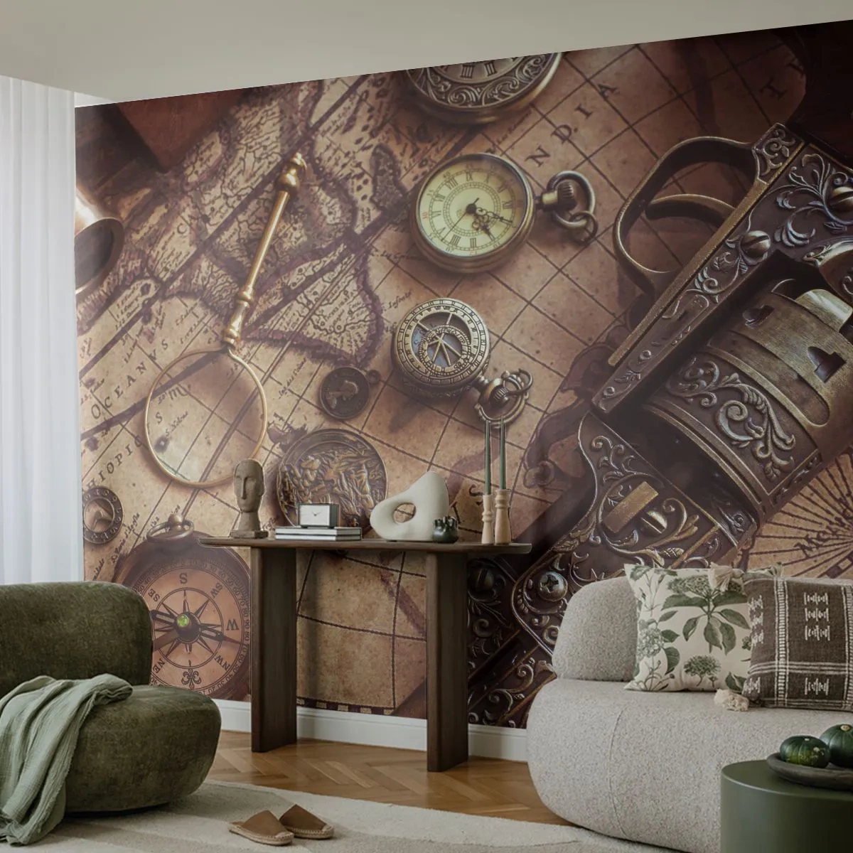 Fototapeta Samoprzylepna Deluxe Sticker - Przygoda wzywa - Mapa Świata, Kompas, Rewolwer - 250x175 cm