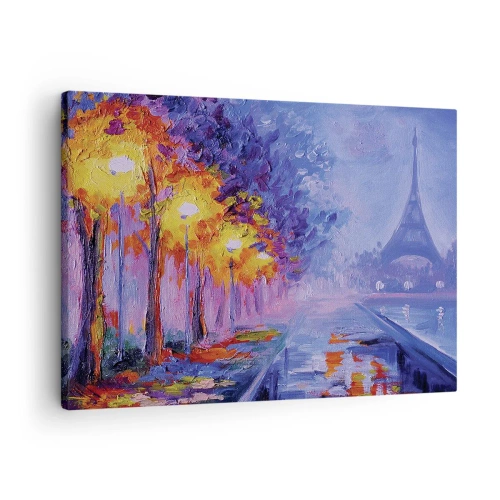 Obraz na płótnie - Wymarzony spacer - Aleja z lampami w Paryżu z wieżą Eiffla w tle - 70x50cm