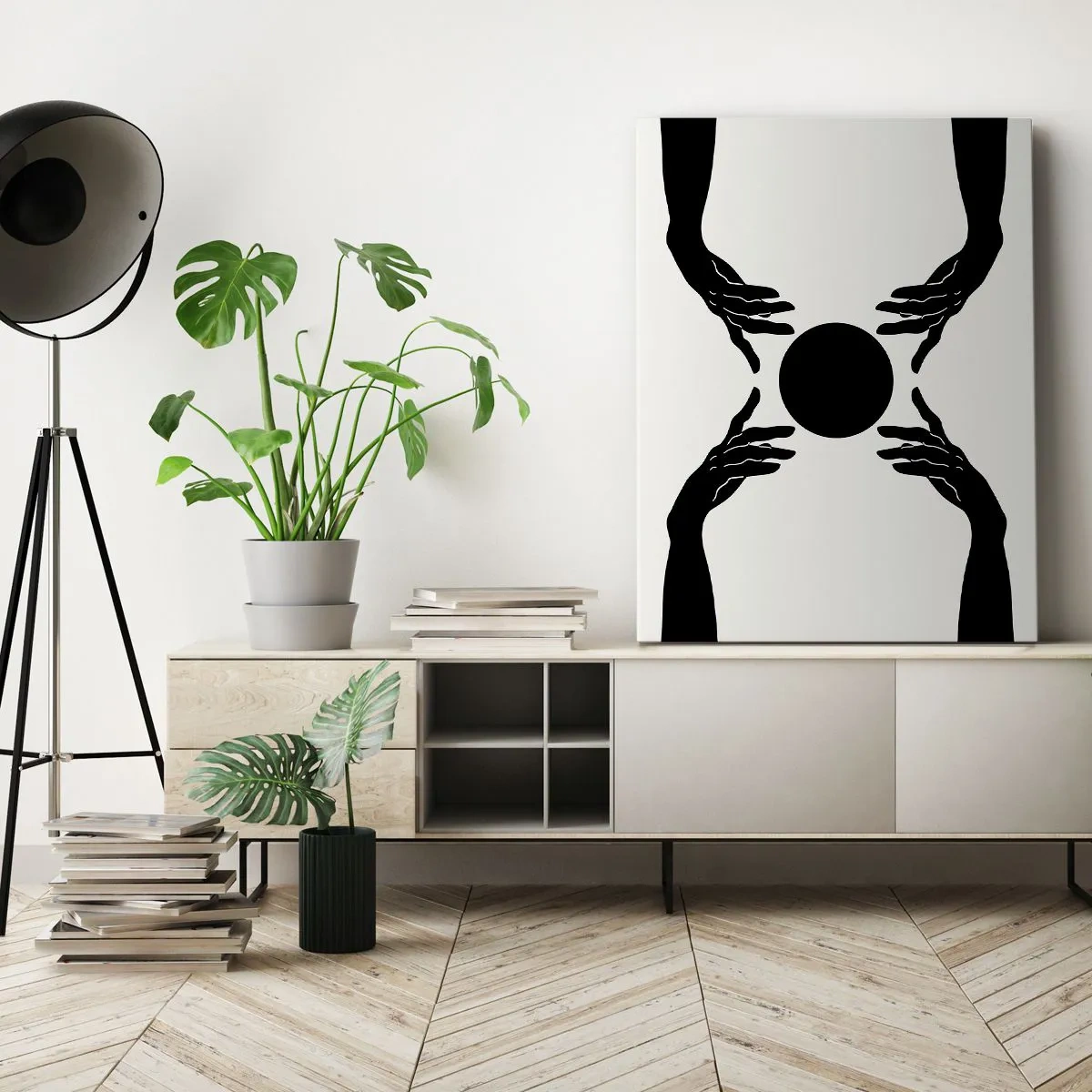 Obraz na płótnie - Minimalistyczna grafika czterech dłoni wokół czarnej kuli - 50x70cm - Tajemny znak - Nowoczesna dekoracja ścienna do salonu, kuchni i sypialni ARTTOR