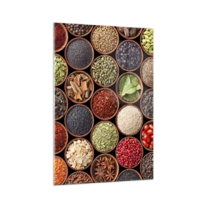 Obraz na szkle - Kolorowe przyprawy w okrągłych pojemnikach - 70x100cm - Wszystkie smaki świata - Nowoczesna dekoracja ścienna do salonu i sypialni ARTTOR