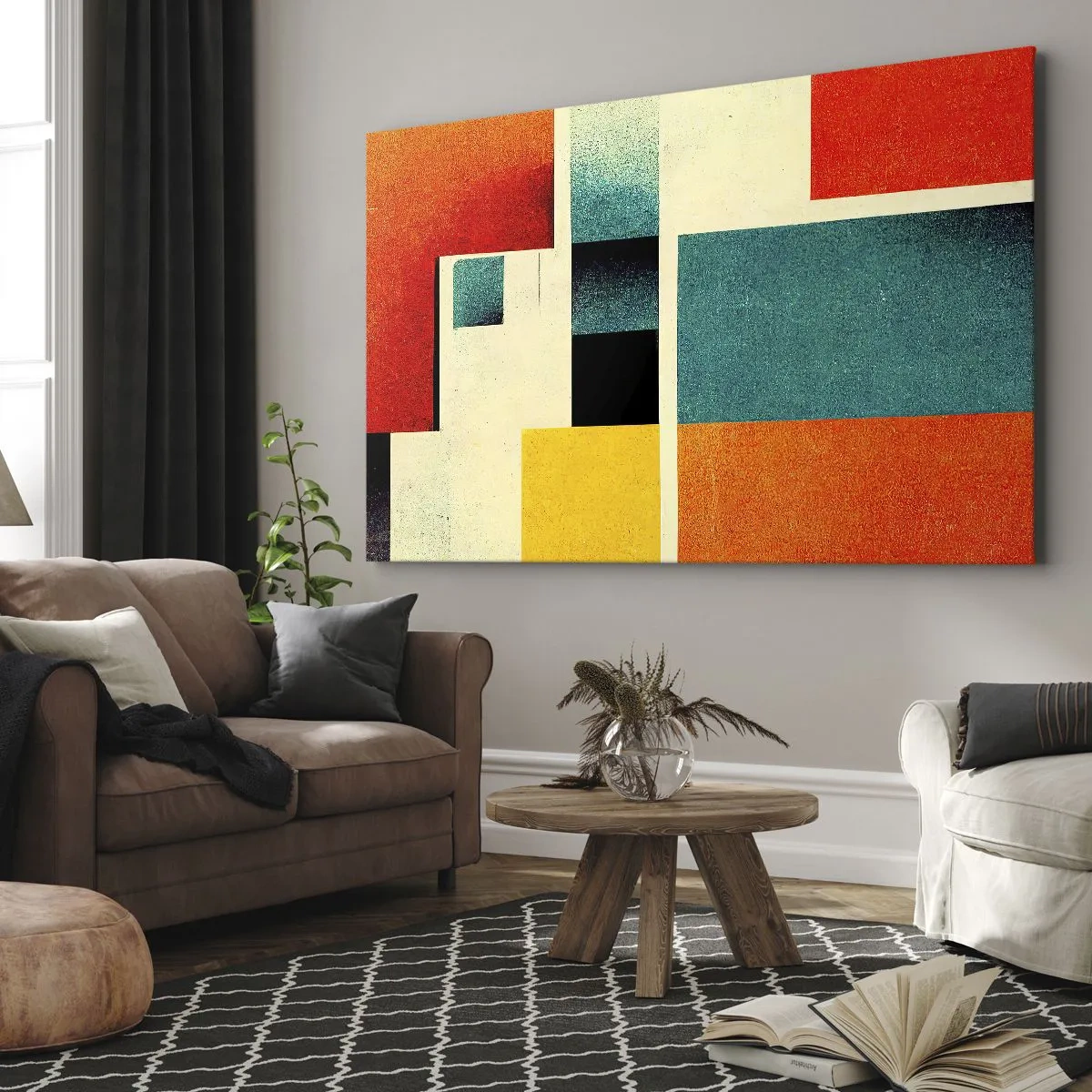 Obraz na płótnie - Geometryczna abstrakcja z kolorowymi prostokątami i kwadratami - 70x50cm - Abstrakcja geometryczna – dobra energia - Nowoczesna dekoracja ścienna do salonu i sypialni ARTTOR