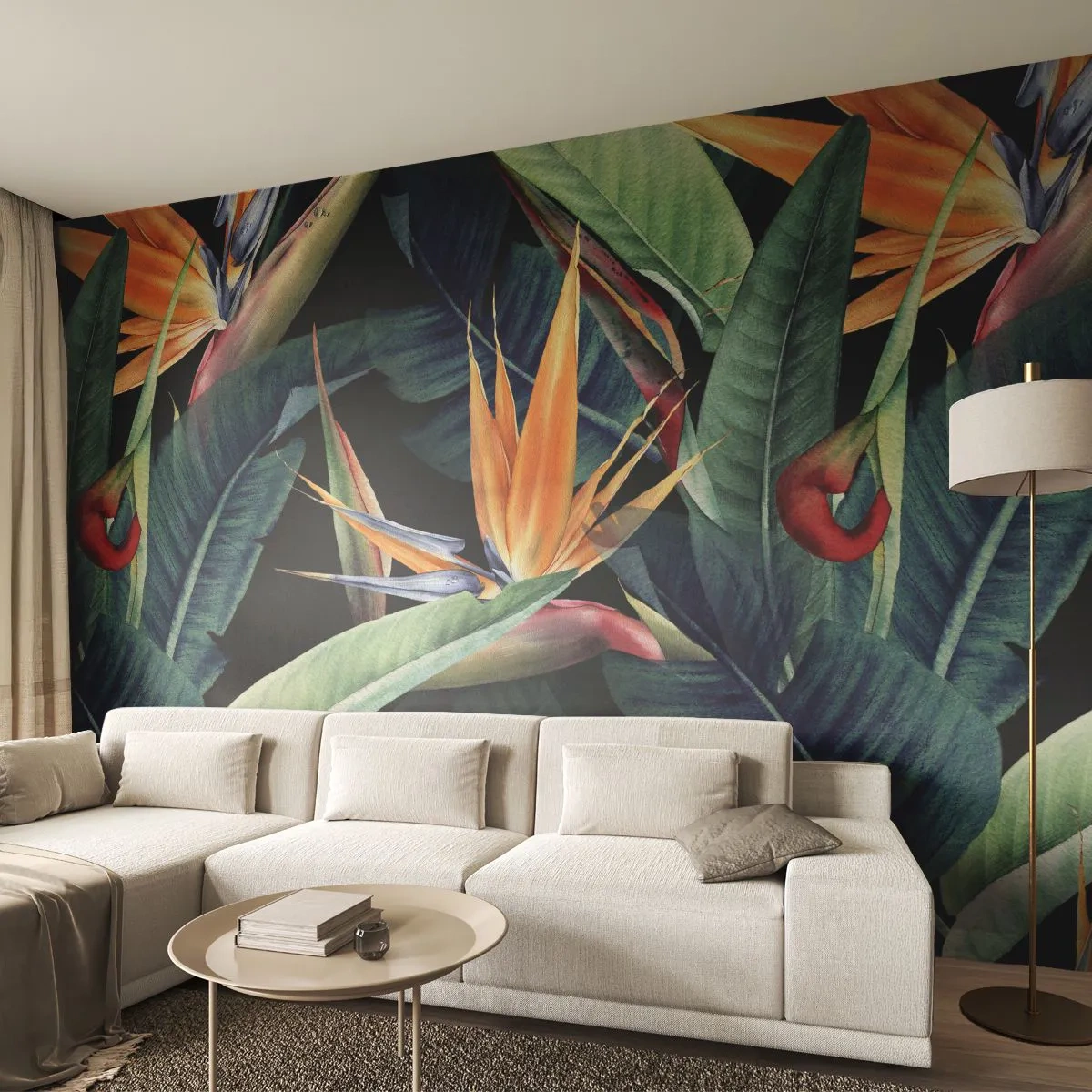 Fototapeta Premium Sand - Egzotyczne kwiaty i liście w intensywnych kolorach - 100x70cm - Płomienne kwiaty tropików - Nowoczesna dekoracja ścienna do salonu, kuchni i sypialni ARTTOR