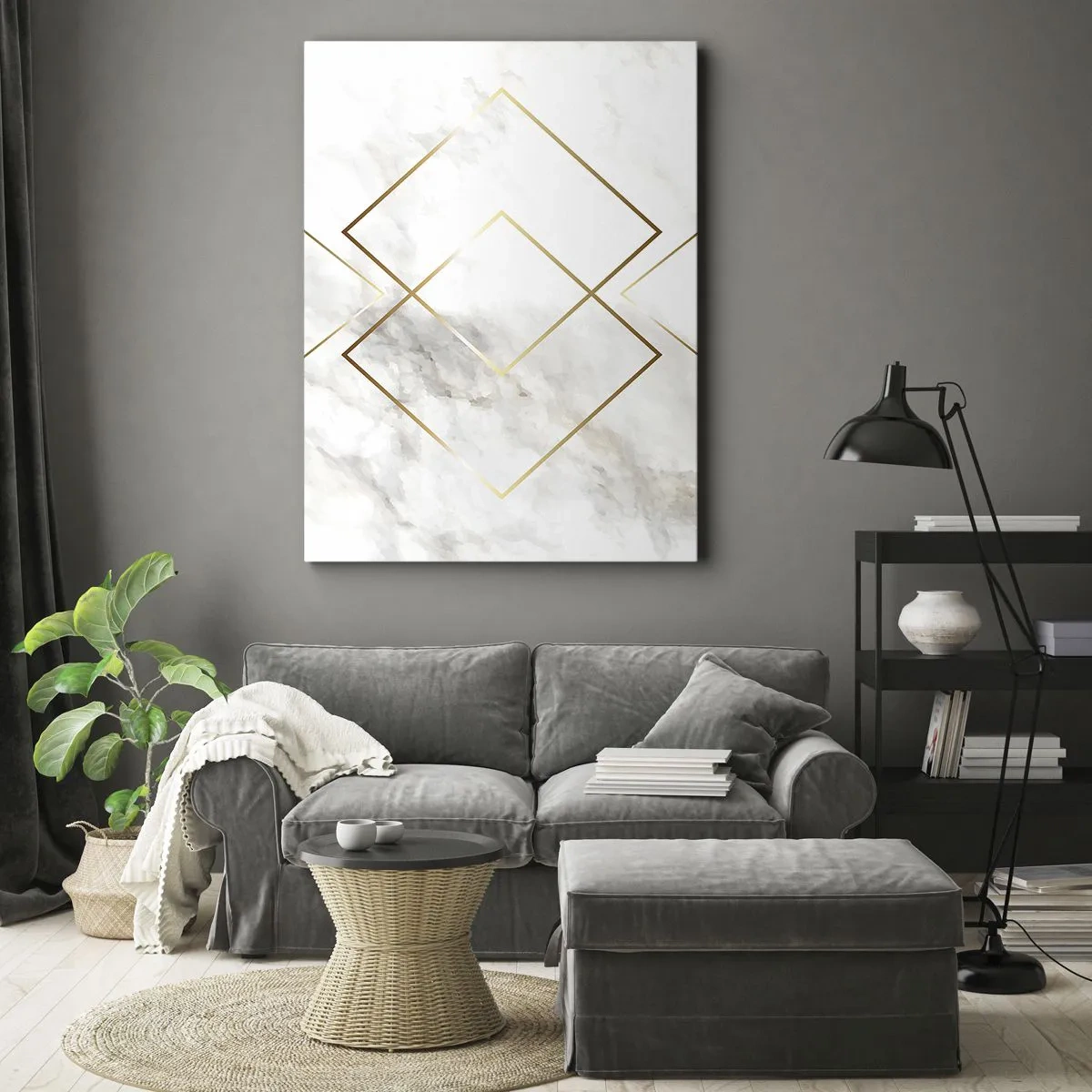 Obraz na płótnie - Minimalistyczna kompozycja złotych linii na tle białego marmuru - 50x70cm - Widok na nieskończoność - Nowoczesna dekoracja ścienna do salonu, kuchni i sypialni ARTTOR