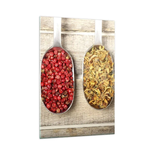 Obraz na szkle - Trzy metalowe łyżki z przyprawami na drewnianym tle - 80x120cm - Kuchenna magia - Nowoczesna dekoracja ścienna do salonu i sypialni ARTTOR