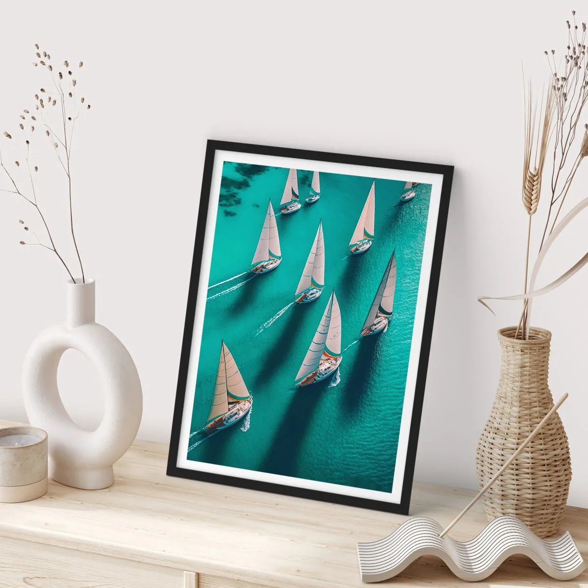 Plakat w czarnej ramie - Regaty żaglowe na turkusowej wodzie - 50x70cm - W zawody z wiatrem - Nowoczesna dekoracja ścienna do salonu i sypialni ARTTOR