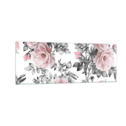 Obraz na szkle - Różowe róże i liście w delikatnym czarno-białym tle - 140x50cm - Zagubić się w kwiatach róż - Nowoczesna dekoracja ścienna do salonu i sypialni ARTTOR