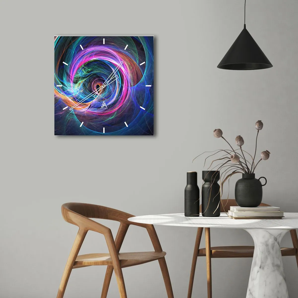 Zegar ścienny - Abstrakcyjny wir kolorów w odcieniach fioletu, różu i błękitu - 30x30cm - Dokąd mnie zaprowadzisz? - Nowoczesna dekoracja ścienna do salonu i sypialni ARTTOR