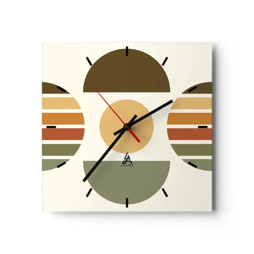 Zegar ścienny - Geometryczna kompozycja z półokręgami i paskami w odcieniach ziemi - 30x30cm - W kolorach ziemi - Nowoczesna dekoracja ścienna do salonu i sypialni ARTTOR