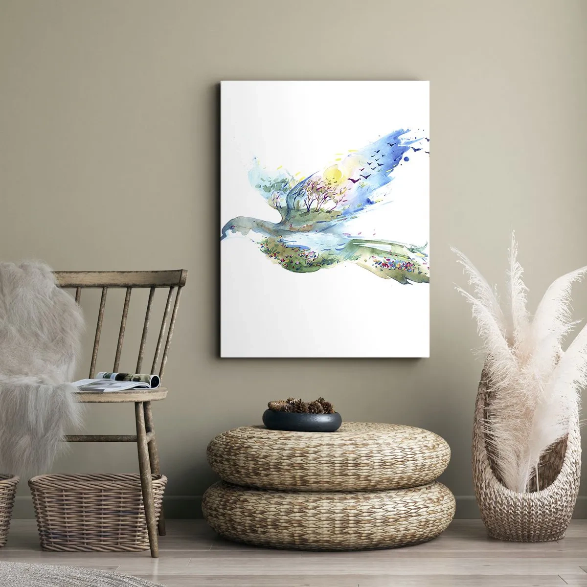 Obraz na płótnie - Akwarelowa sylwetka ptaka wypełniona krajobrazem z rzeką i drzewami - 50x70cm - Na skrzydłach natury - Nowoczesna dekoracja ścienna do salonu, kuchni i sypialni ARTTOR