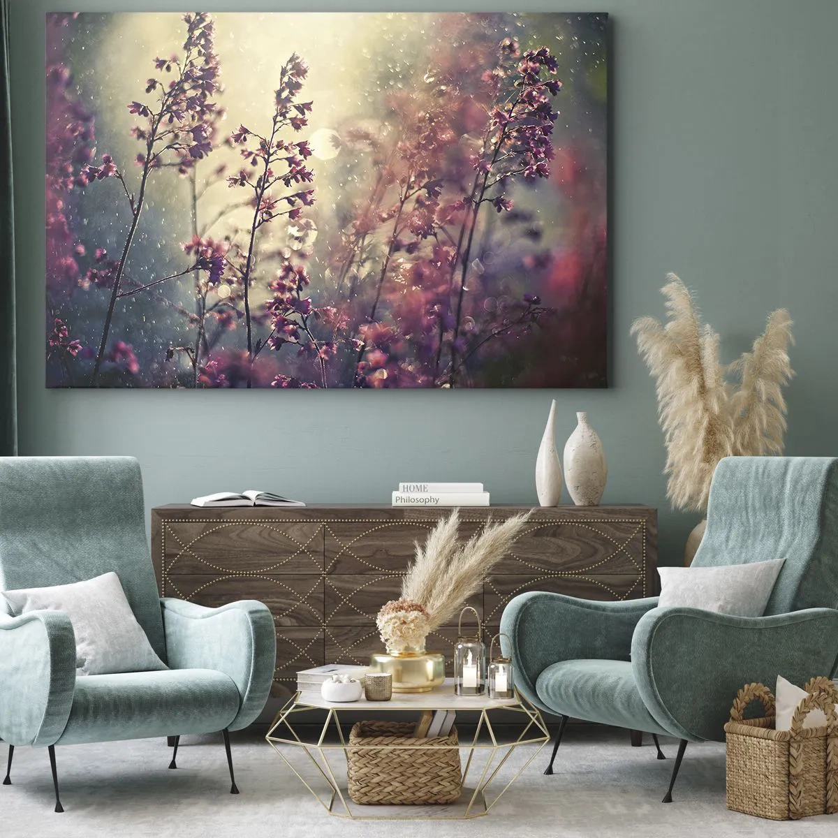 Obraz na płótnie - Kwiaty w świetle słońca na tle natury - 70x50cm - Tajemniczy ogród - Nowoczesna dekoracja ścienna do salonu i sypialni ARTTOR