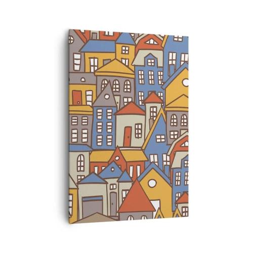 Obraz na płótnie - Kolorowe domki w stylu graficznym na jasnym tle - 70x100cm - Za domem dom - Nowoczesna dekoracja ścienna do salonu i sypialni ARTTOR