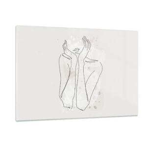 Obraz na szkle - Minimalistyczny szkic kobiecych dłoni i ust na tle beżu - 120x80cm - Rozmarzona chwila - Nowoczesna dekoracja ścienna do salonu, kuchni i sypialni ARTTOR