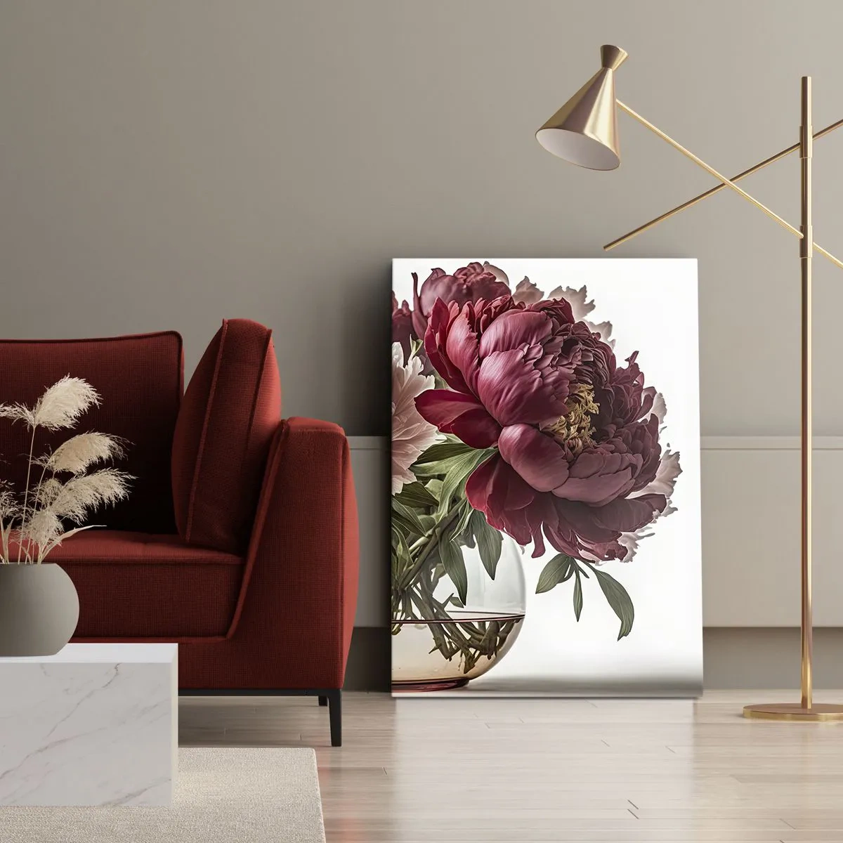 Obraz na płótnie - Bukiet piwonii w odcieniach różu i czerwieni - 70x100cm - W pełnym rozkwicie urody - Nowoczesna dekoracja ścienna do salonu i sypialni ARTTOR