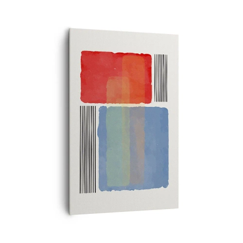 Obraz na płótnie - Geometryczna kompozycja z kolorowymi blokami i liniami - 80x120cm - Duch i litera geometrii - Nowoczesna dekoracja ścienna do salonu i sypialni ARTTOR
