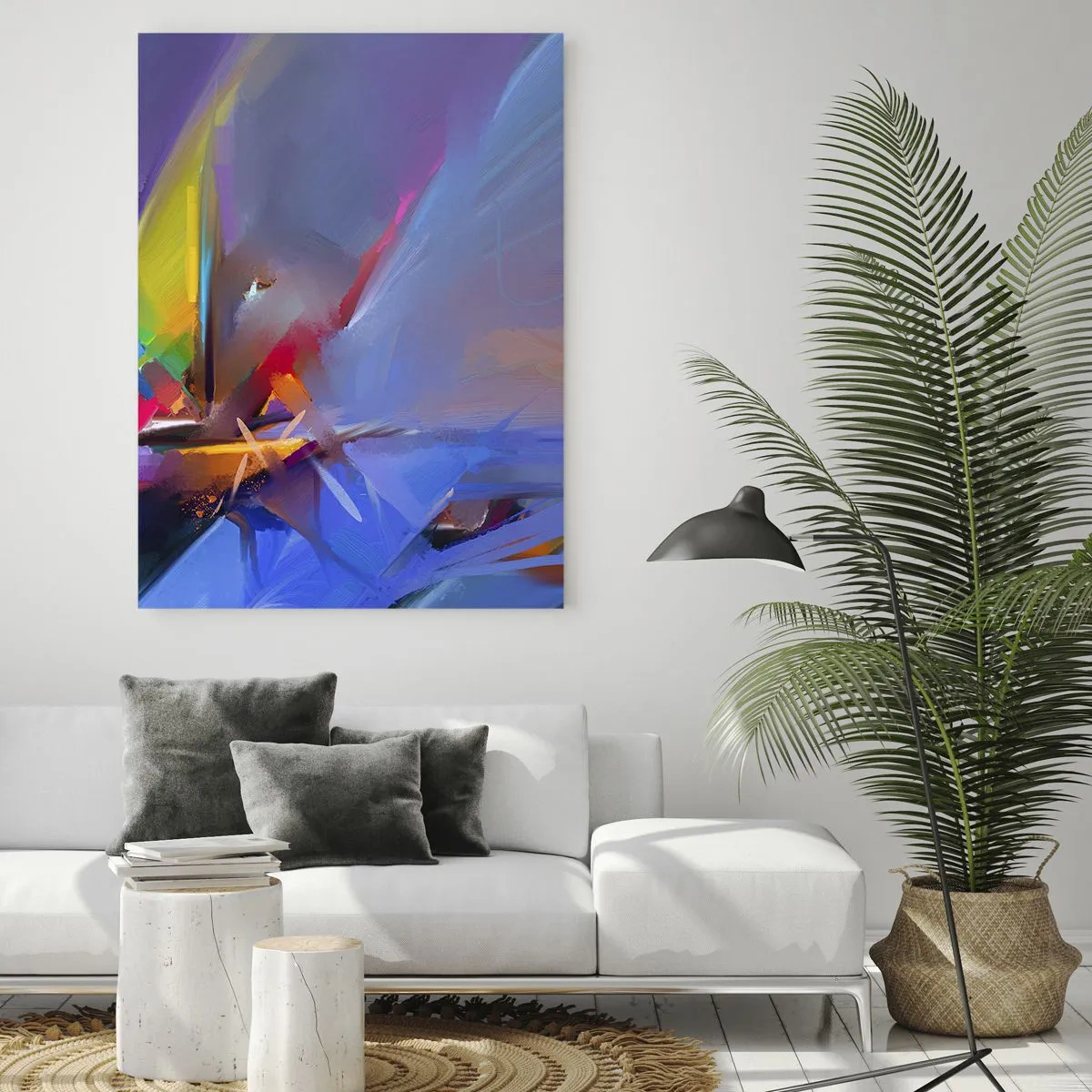 Obraz na szkle - Abstrakcyjne śmigła w żywych kolorach na tle pastelowego nieba - 50x70cm - Śmigła jak ptak - Nowoczesna dekoracja ścienna do salonu, kuchni i sypialni ARTTOR