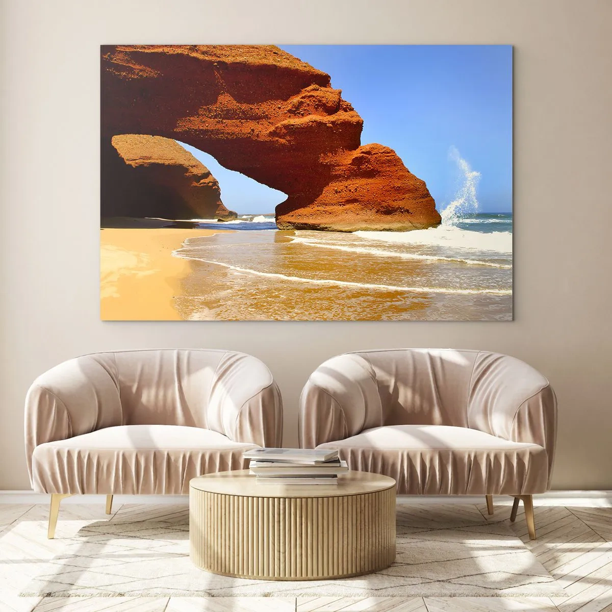 Obraz na szkle - Czerwone skalne łuki nad plażą i oceanem - 100x70cm - Woda i wiatr przez tysiące lat - Nowoczesna dekoracja ścienna do salonu, kuchni i sypialni ARTTOR