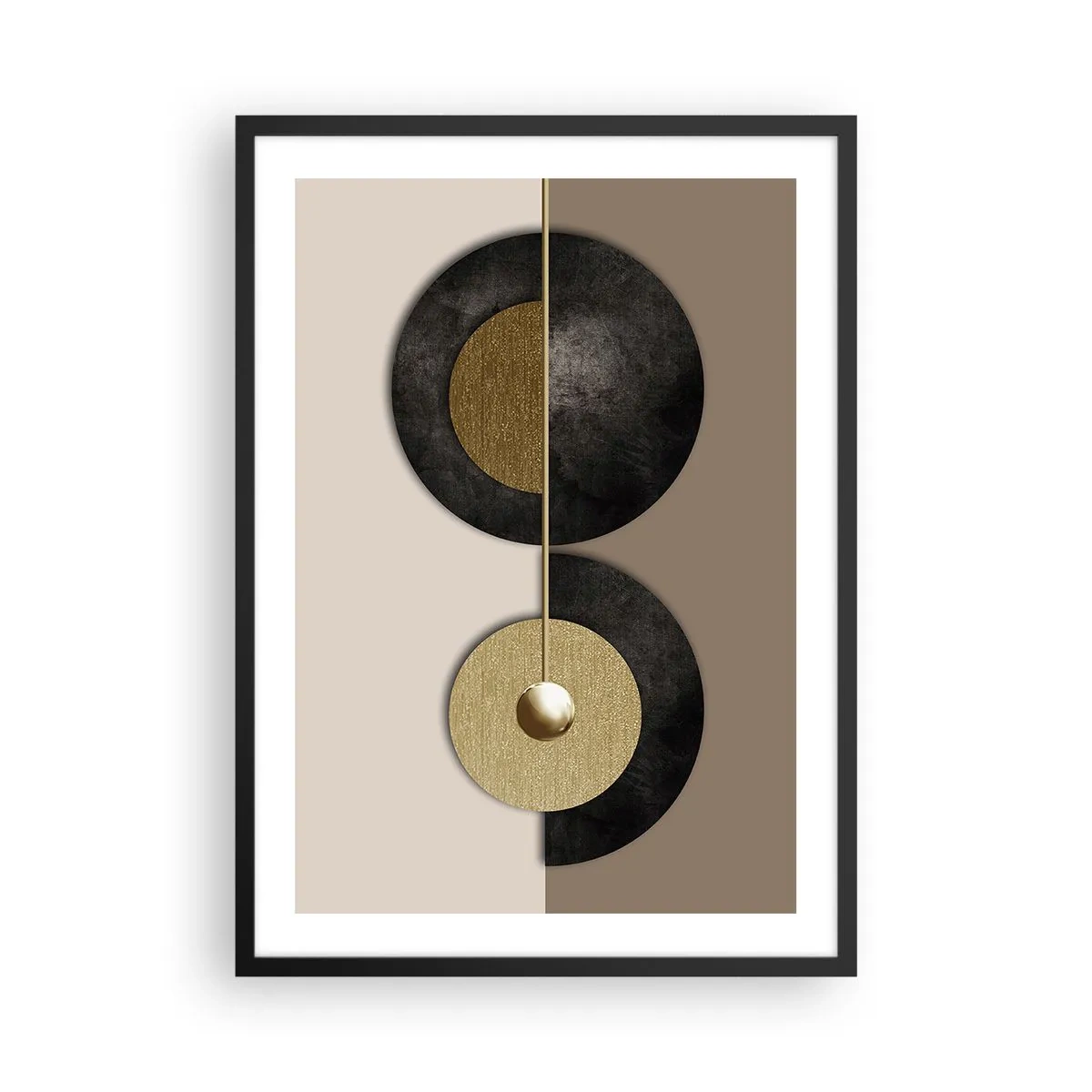 Plakat w czarnej ramie - Nowoczesna abstrakcja z geometrycznymi złotymi akcentami - 50x70cm - Wariacje wokół koła - Nowoczesna dekoracja ścienna do salonu i sypialni ARTTOR