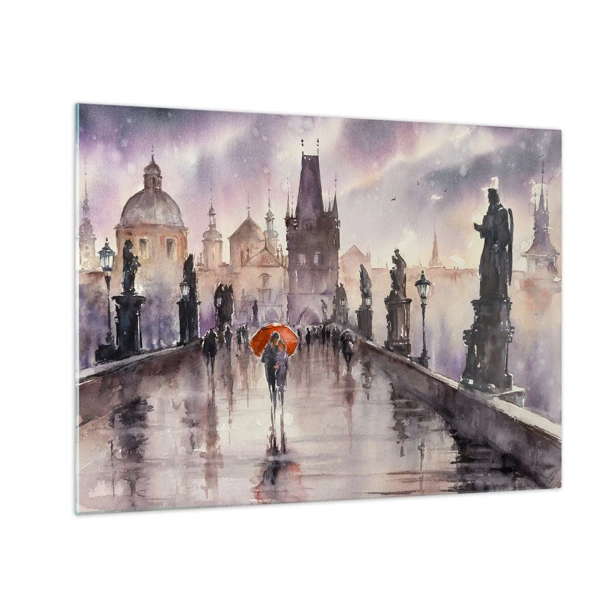 Obraz na szkle - Spacer w deszczu na moście z pomarańczową parasolką - 70x50cm - Ludzie się nie zmieniają - Nowoczesna dekoracja ścienna do salonu i sypialni ARTTOR