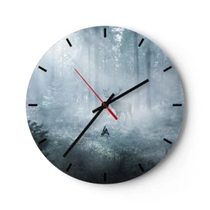 Zegar ścienny - Jeleń stojący wśród mgły pośród wysokiego, leśnego zagajnika - 30x30cm - Poranny obchód włości - Nowoczesna dekoracja ścienna do salonu, kuchni i sypialni ARTTOR