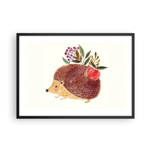 Plakat w czarnej ramie - Uroczy jeżyk z jabłkiem i roślinami w ilustracyjnym stylu - 70x50cm - I już mnie lubisz - Nowoczesna dekoracja ścienna do salonu i sypialni ARTTOR