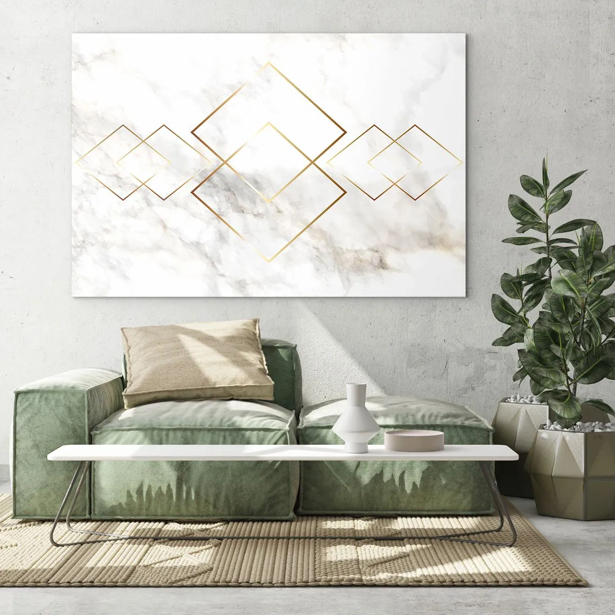 Obraz na szkle - Geometryczne złote romby na tle białego marmuru - 70x50cm - Widok na nieskończoność - Nowoczesna dekoracja ścienna do salonu i sypialni ARTTOR