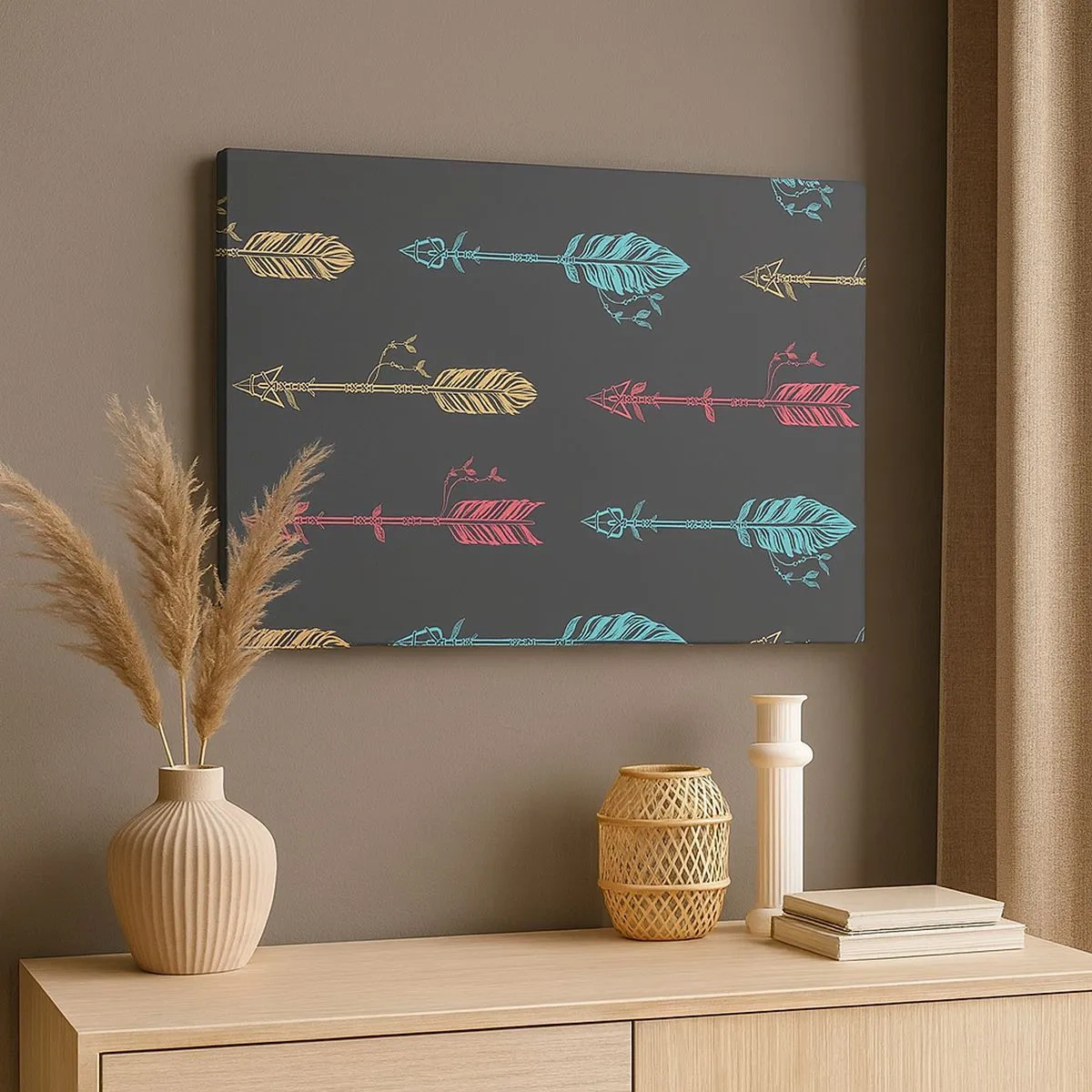 Obraz na płótnie - Stylizowany wzór strzał w pastelowych kolorach na ciemnym tle - 70x50cm - W ordynku - Nowoczesna dekoracja ścienna do salonu i sypialni ARTTOR