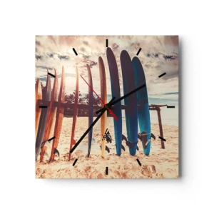 Zegar ścienny - Deski surfingowe na plaży o zachodzie słońca - 30x30cm - Dobranoc, do jutra - Nowoczesna dekoracja ścienna do salonu i sypialni ARTTOR