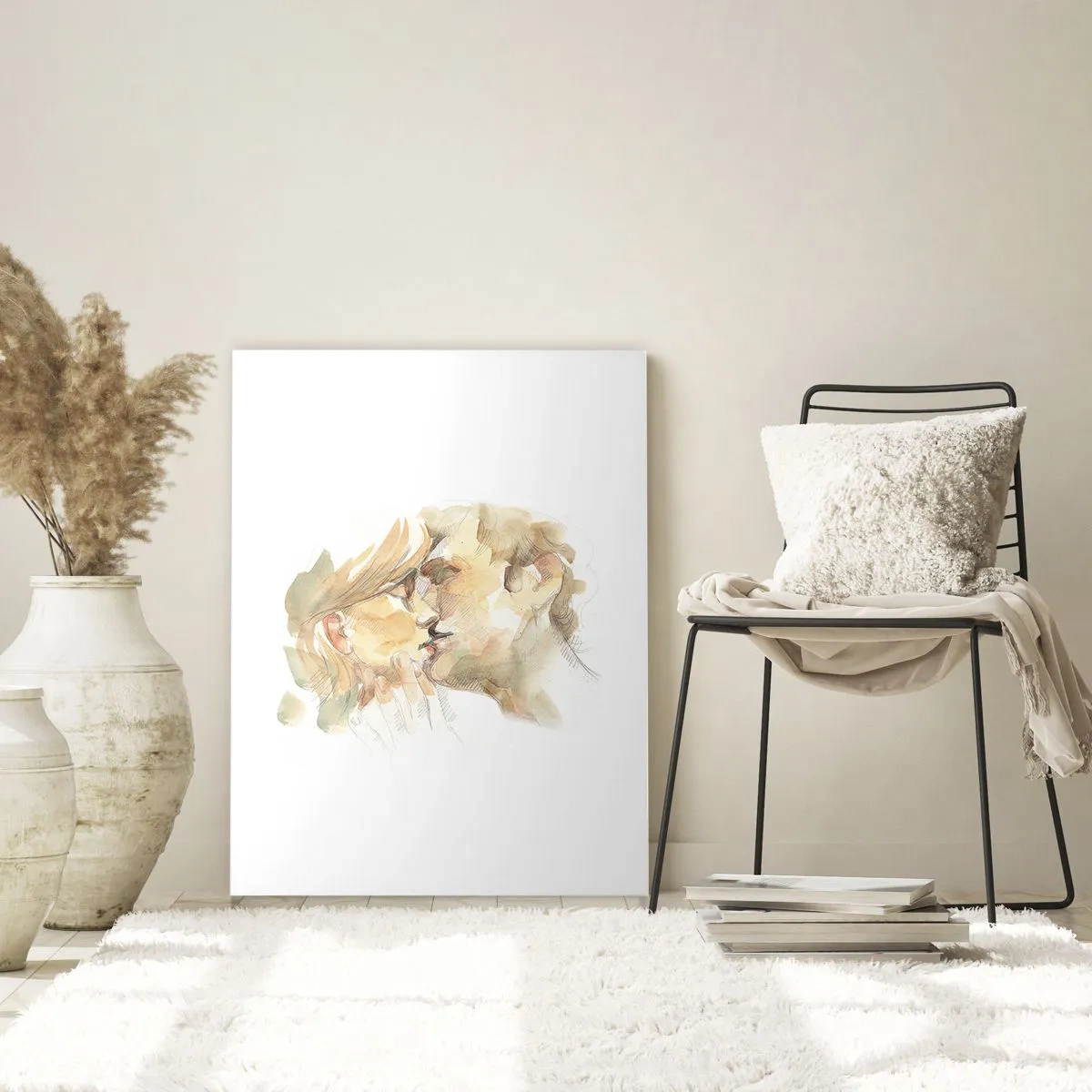 Obraz na szkle - Romantyczny akwarelowy portret pary w pocałunku - 80x120cm - Odnaleziona połowa? - Nowoczesna dekoracja ścienna do salonu i sypialni ARTTOR