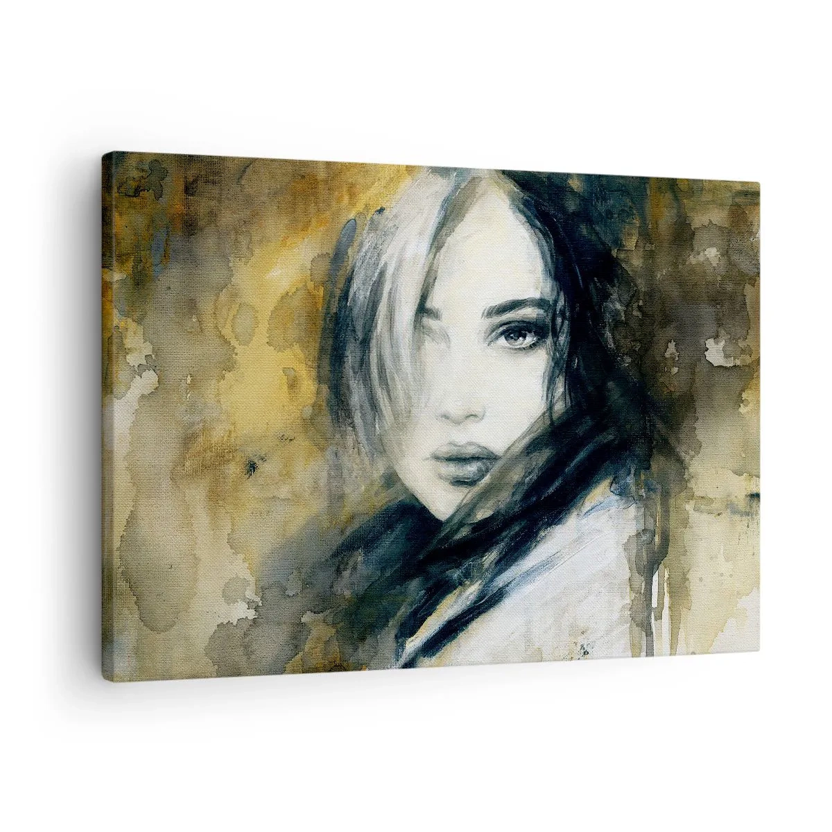 Obraz na płótnie - Portret kobiety na tle abstrakcyjnych plam w odcieniach beżu - 70x50cm - bardziej niewinna czy zmysłowa? - Nowoczesna dekoracja ścienna do salonu i sypialni ARTTOR
