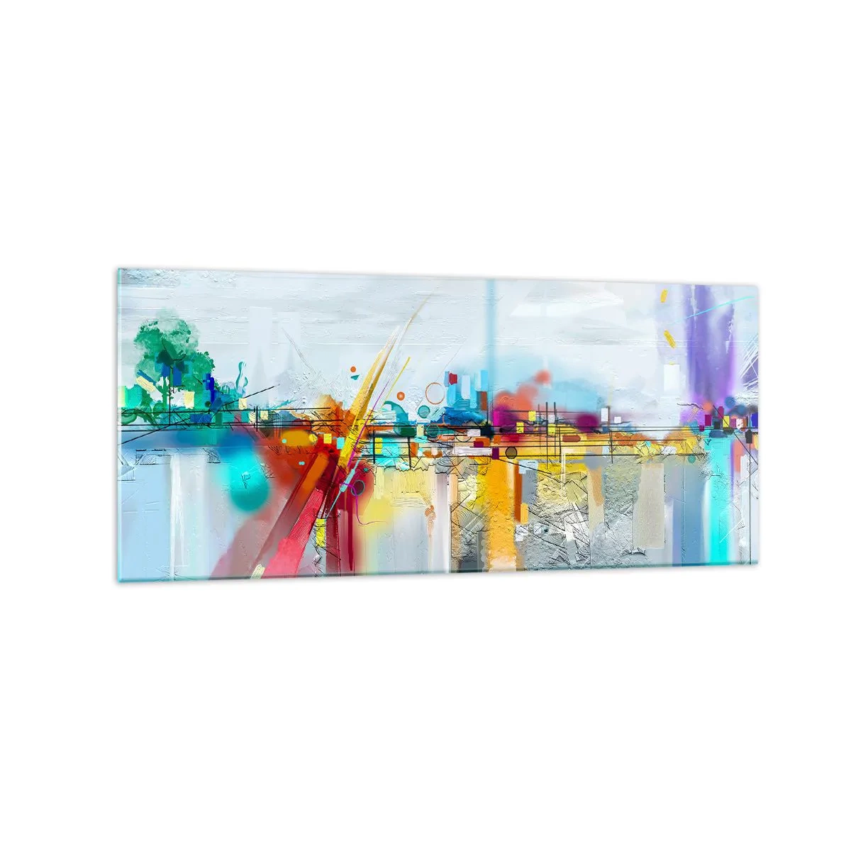 Obraz na szkle - Abstrakcyjny krajobraz z kolorowymi akcentami - 120x50cm - Most radości nad rzeką życia - Nowoczesna dekoracja ścienna do salonu i sypialni ARTTOR