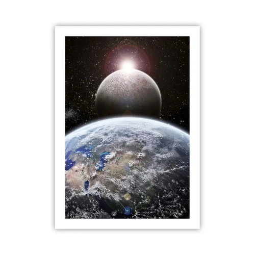 Plakat - Planety Ziemia i Księżyc w kosmosie - 50x70cm - Pejzaż kosmiczny - wschód słońca - Nowoczesna dekoracja ścienna do salonu, kuchni i sypialni ARTTOR