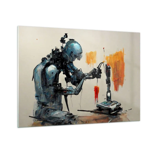 Obraz na szkle - Robot malujący mechaniczną rękę na abstrakcyjnym tle - 100x70cm - Już jutro… - Nowoczesna dekoracja ścienna do salonu, kuchni i sypialni ARTTOR